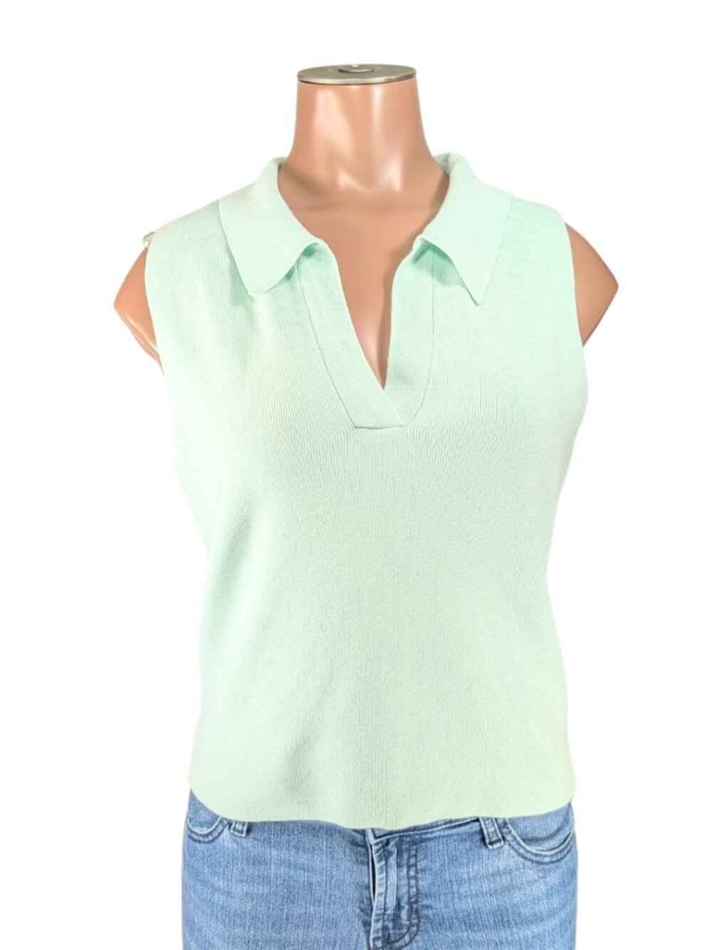 A New Day Large Mint Green Cropped Collared Sleeveless Pullover Blouse